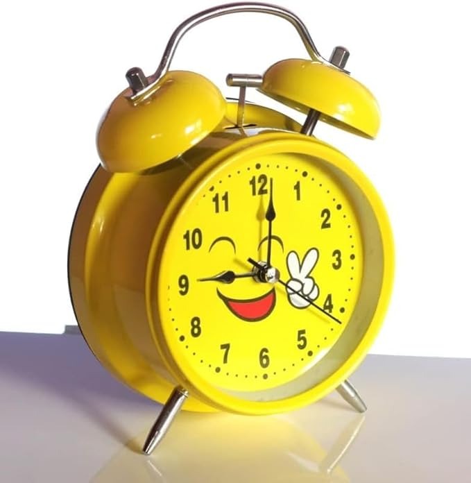 Alusters Smile Analog Table Clock with Alarm, Desk Top|Silent Non Ticking Quartz Movement | Battery Operated for Bedroom, Living Room, Office, Home Decor (Yellow Clock)