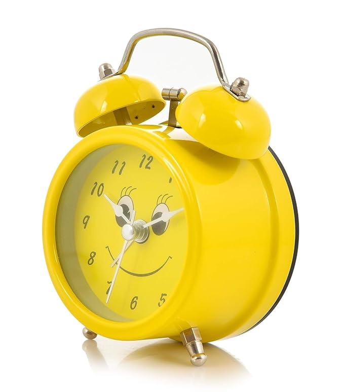 Alusters Smile Analog Table Clock with Alarm, Desk Top|Silent Non Ticking Quartz Movement | Battery Operated for Bedroom, Living Room, Office, Home Decor (Yellow Clock)