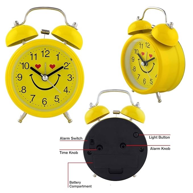 Alusters Smile Analog Table Clock with Alarm, Desk Top|Silent Non Ticking Quartz Movement | Battery Operated for Bedroom, Living Room, Office, Home Decor (Yellow Clock)