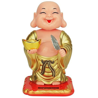 Alusters Solar Powered Moving Head and Hand Sitting  Buddha Statue for Living Room | Car Dashboard | Home | Office Desk | Wealth & Prosperity - Red (Yellow)