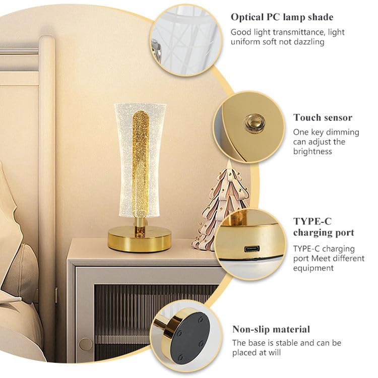 3D Acrylic LED Table Lamp with Gold Base, Decorative Metal Iron Cordless Table Lamp, Touch Control Night Light for Bedroom, Living Room, Home Decor (Pack of 1) (Glitter Waist)