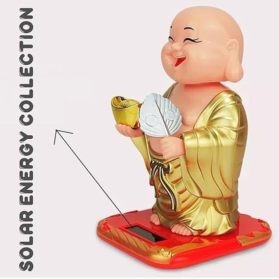 Alusters Solar Powered Moving Head and Hand Sitting  Buddha Statue for Living Room | Car Dashboard | Home | Office Desk | Wealth & Prosperity - Red (Yellow)