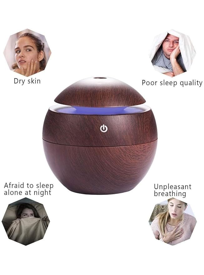Wooden Cool Mist Diffuser, Essential Oil Diffuser with LED Night Light for Car, Office, Home, Bedroom, One Click Aroma Therapy Humidifier for Plant