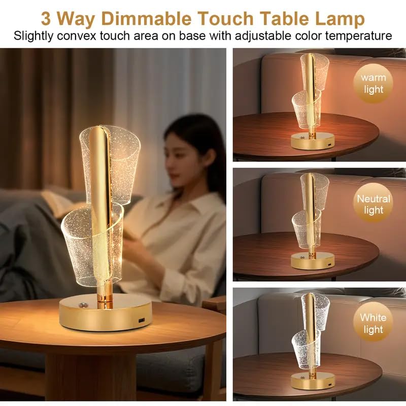 3D Acrylic LED Table Lamp with Gold Base, Decorative Metal Iron Cordless Table Lamp, Touch Control Night Light for Bedroom, Living Room, Home Decor (Pack of 1) (Glitter Waist)