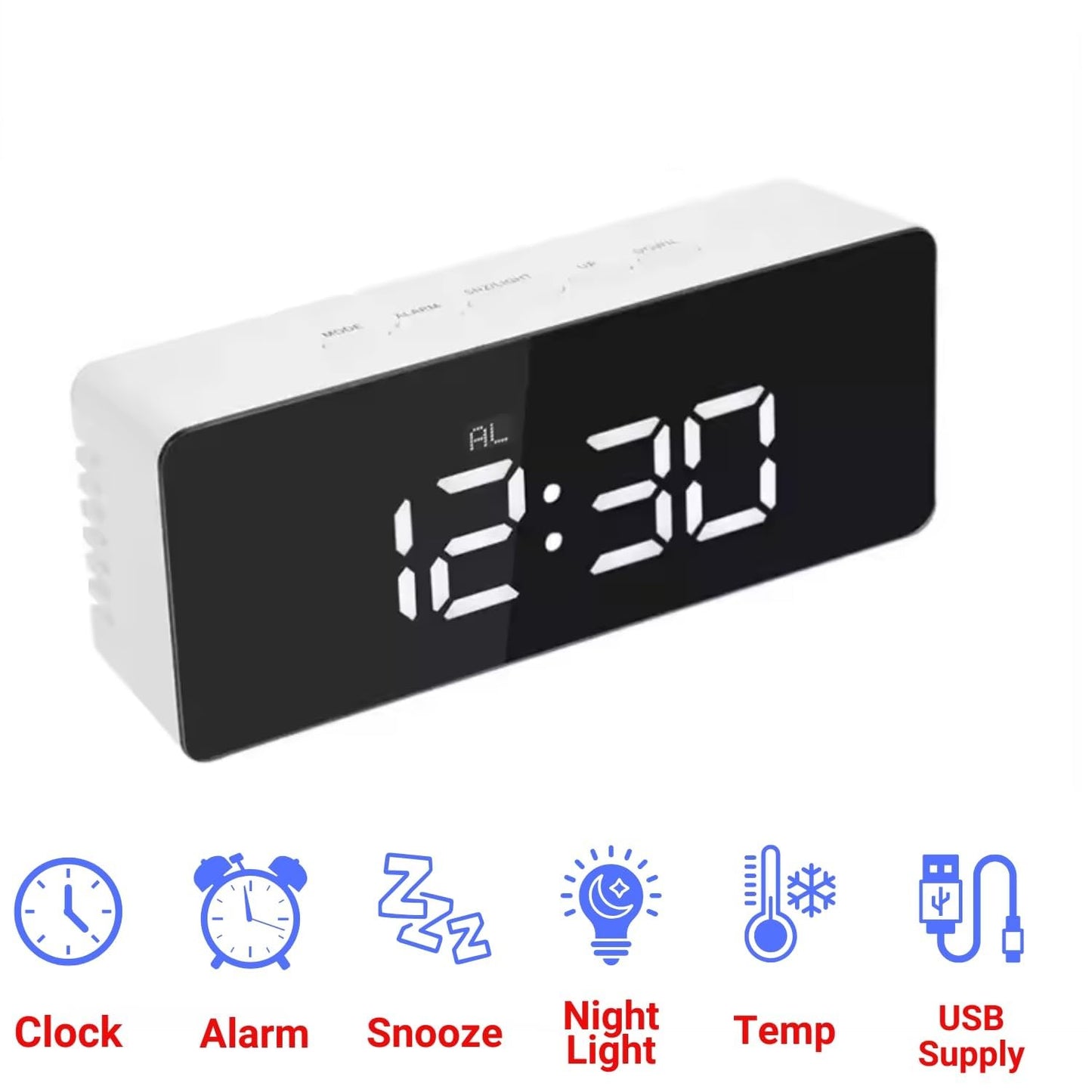 Digital Alarm Clock with Large LED Display, Mirror Surface, Dual Alarms, Snooze & Adjustable Brightness, USB Powered Bedroom Desk Clock