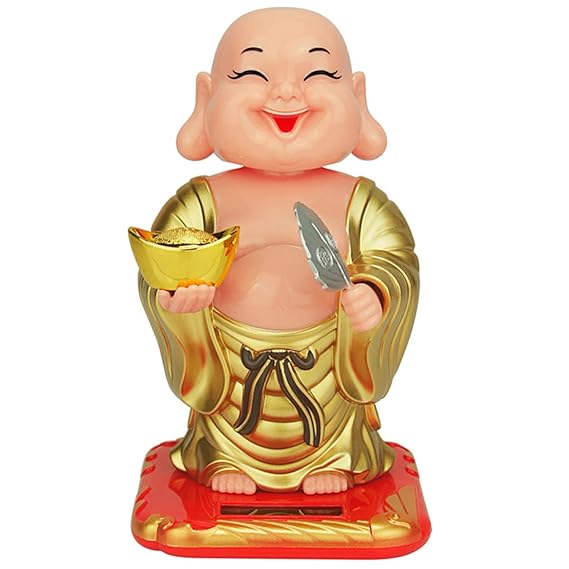 Alusters Solar Powered Moving Head and Hand Sitting  Buddha Statue for Living Room | Car Dashboard | Home | Office Desk | Wealth & Prosperity - Red (Yellow)