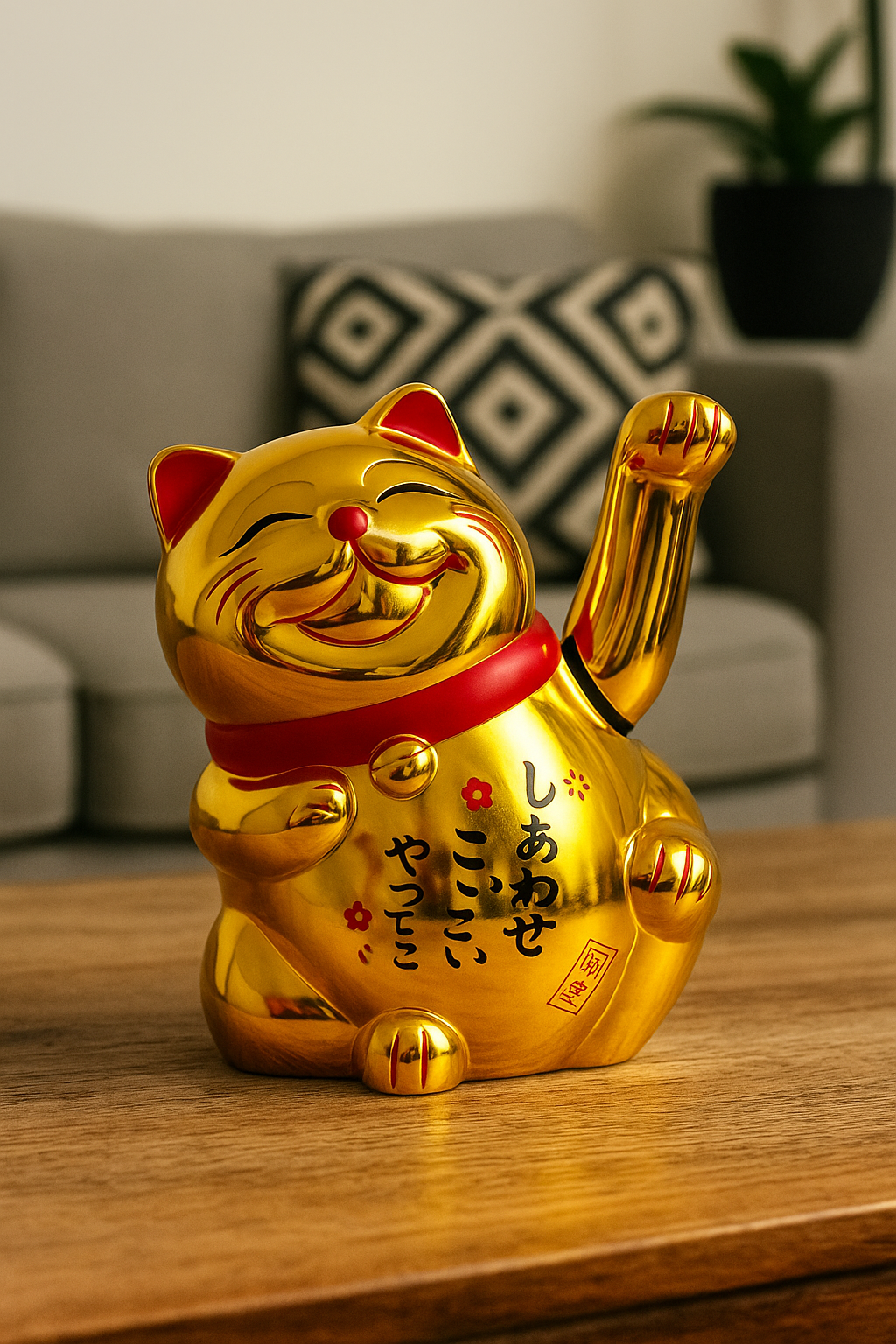 Alusters Golden Maneki Neko Lucky Cat Figurine, Battery Operated Japanese Fortune Cat, Wealth & Prosperity Feng Shui Decor, 10 cm (cat)