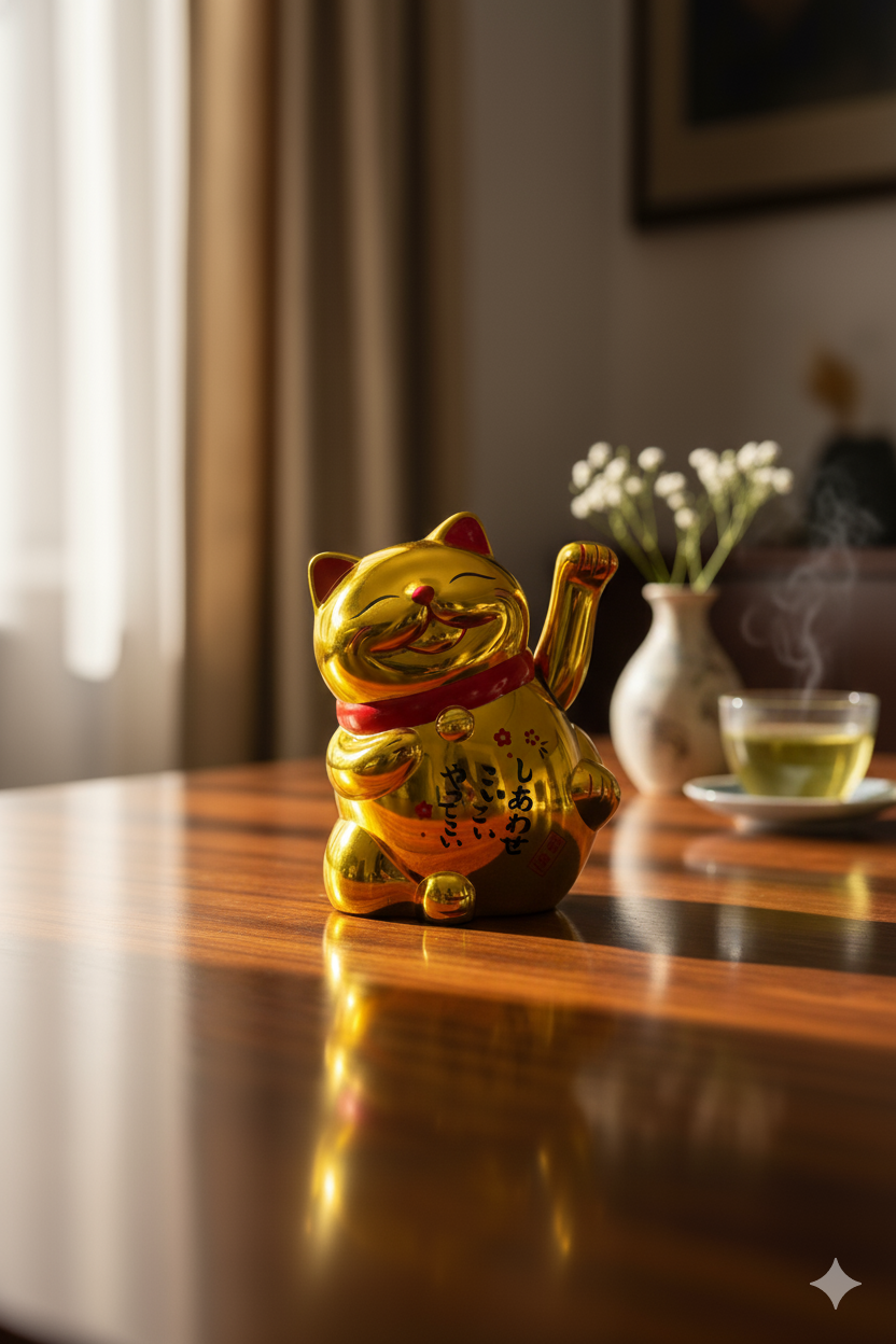 Alusters Golden Maneki Neko Lucky Cat Figurine, Battery Operated Japanese Fortune Cat, Wealth & Prosperity Feng Shui Decor, 10 cm (cat)
