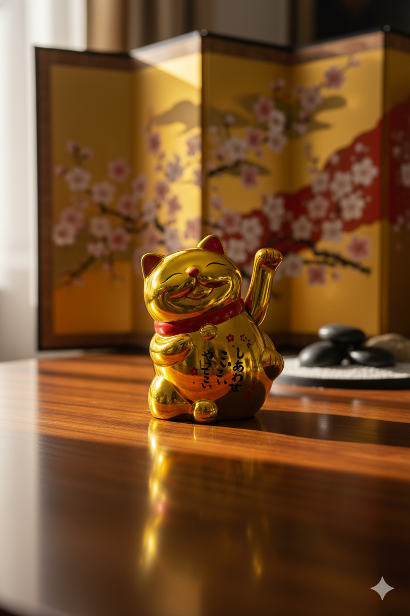 Alusters Golden Maneki Neko Lucky Cat Figurine, Battery Operated Japanese Fortune Cat, Wealth & Prosperity Feng Shui Decor, 10 cm (cat)